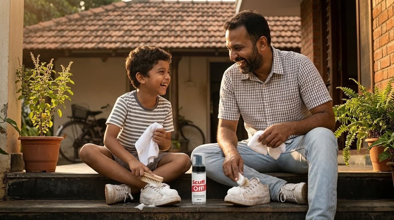 Father and son cleaning shoes together with Scuff Off
