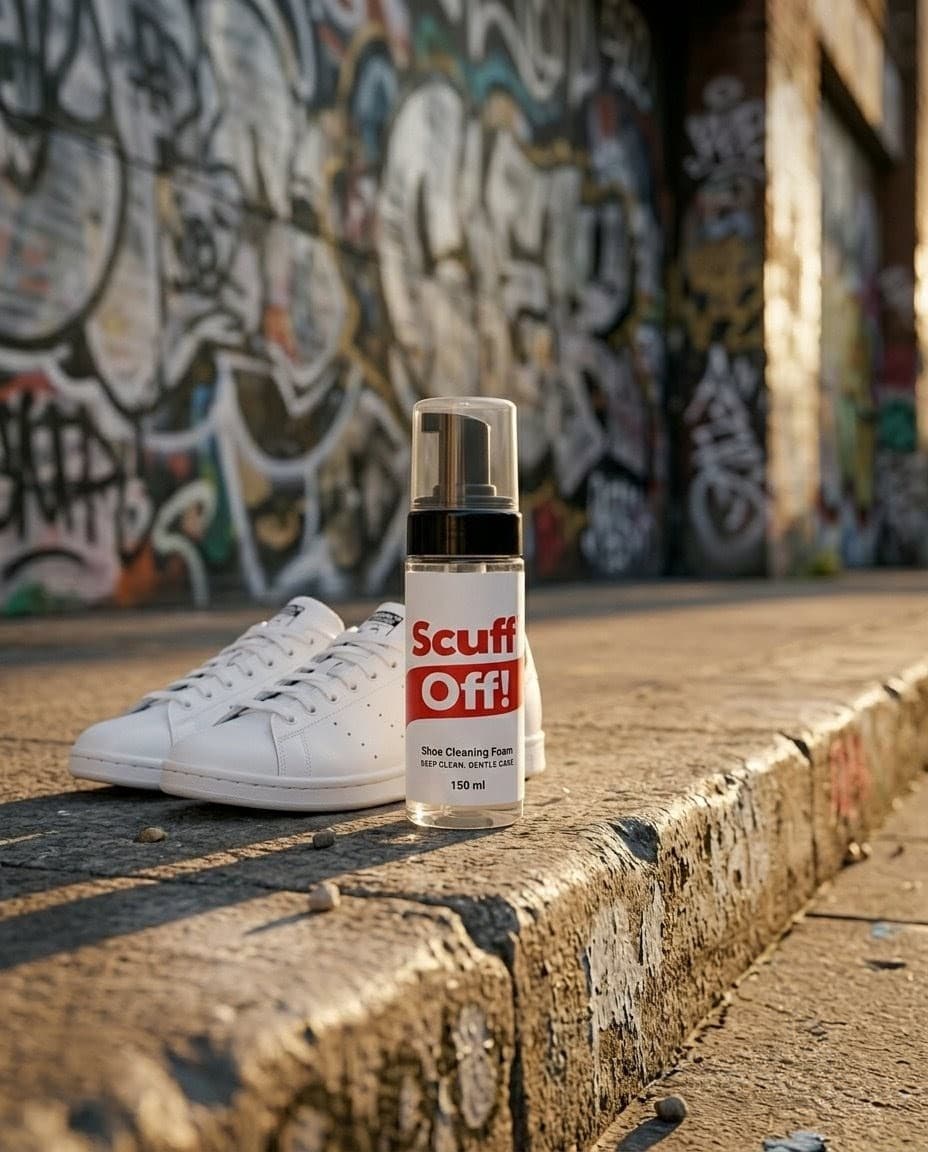 Scuff Off with white sneakers on urban street